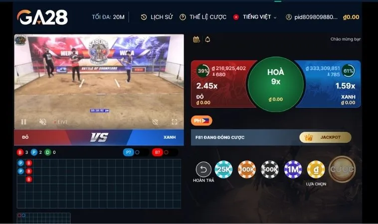 Giao diện đặt cược Đá Gà GA28 Tại GemBet
