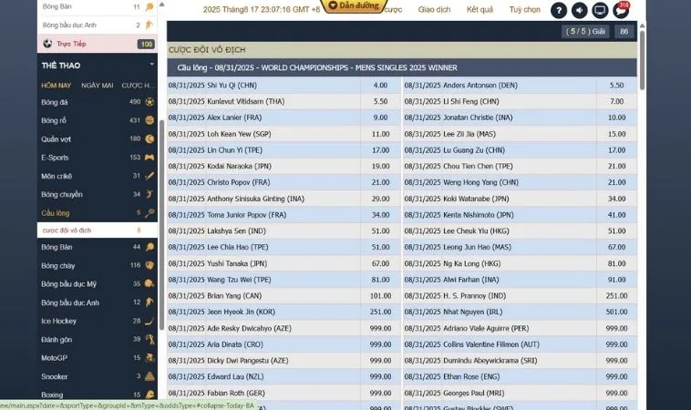 Giao diện cá cược Cầu Lông Tại GemBet