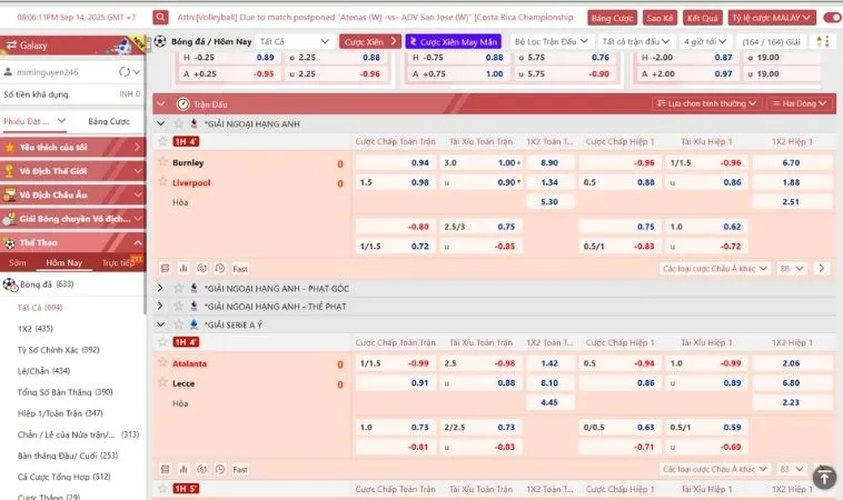 Bảng tỷ lệ kèo cá cược bóng đá GemBet